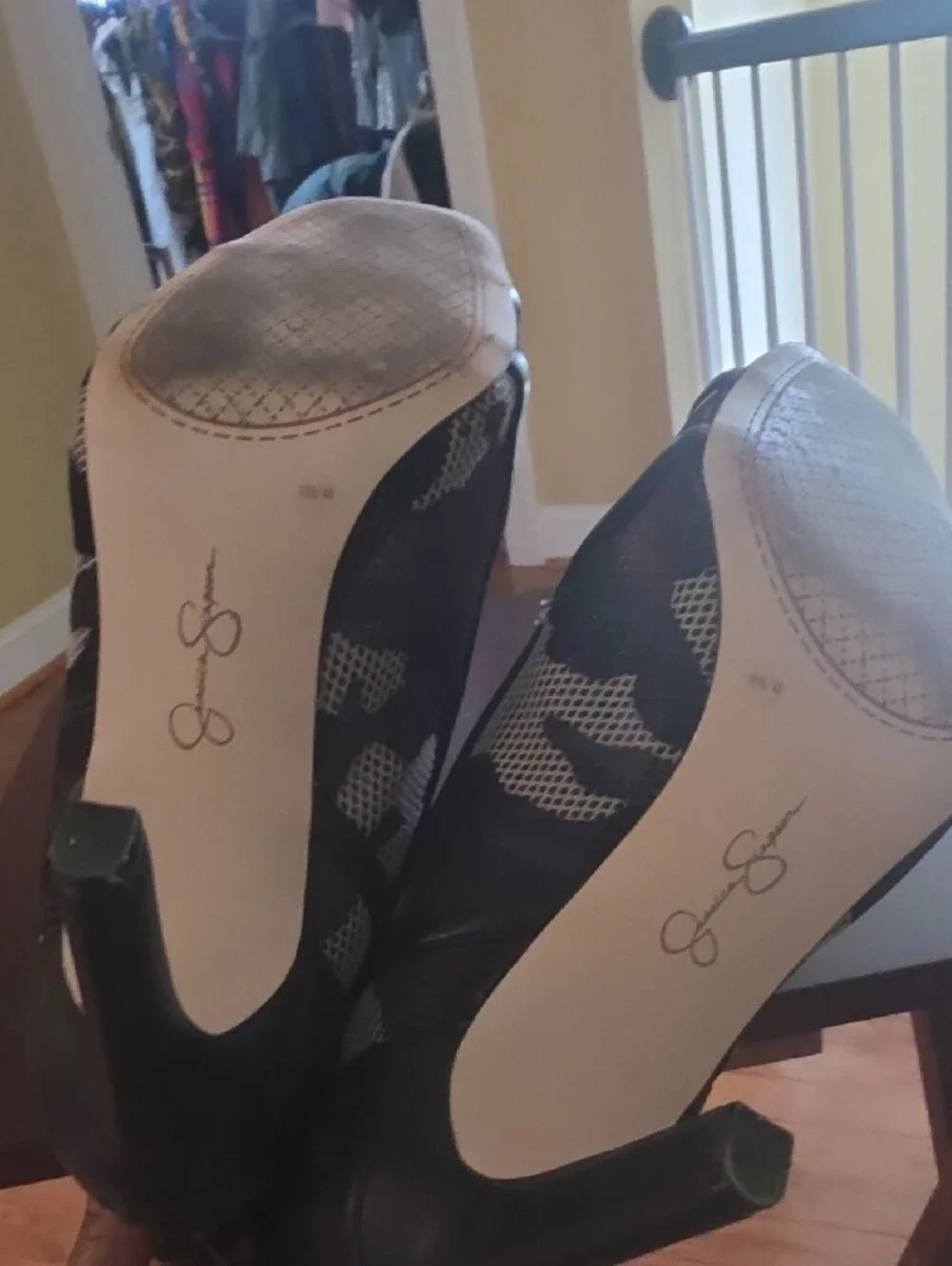 Jessica Simpson Black and White Mesh Camo Open-Toe Booties